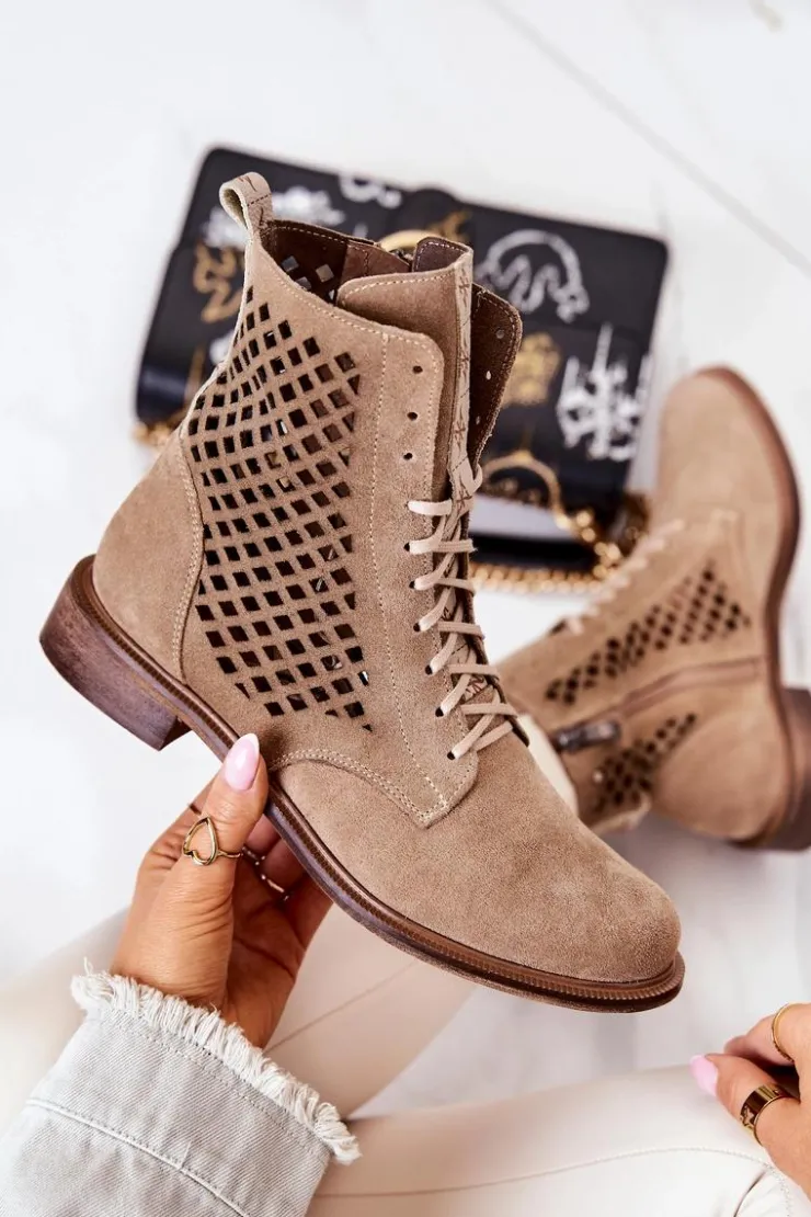 Hot Boto Ażurowe Zamszowe Botki Wiązane Nicole Beżowe 2696