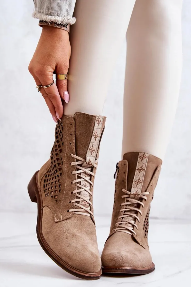 Hot Boto Ażurowe Zamszowe Botki Wiązane Nicole Beżowe 2696