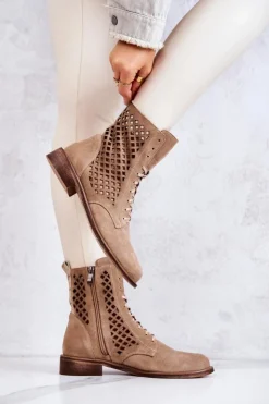 Hot Boto Ażurowe Zamszowe Botki Wiązane Nicole Beżowe 2696