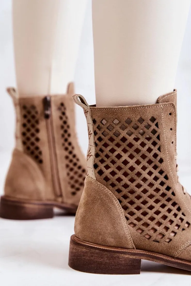 Hot Boto Ażurowe Zamszowe Botki Wiązane Nicole Beżowe 2696