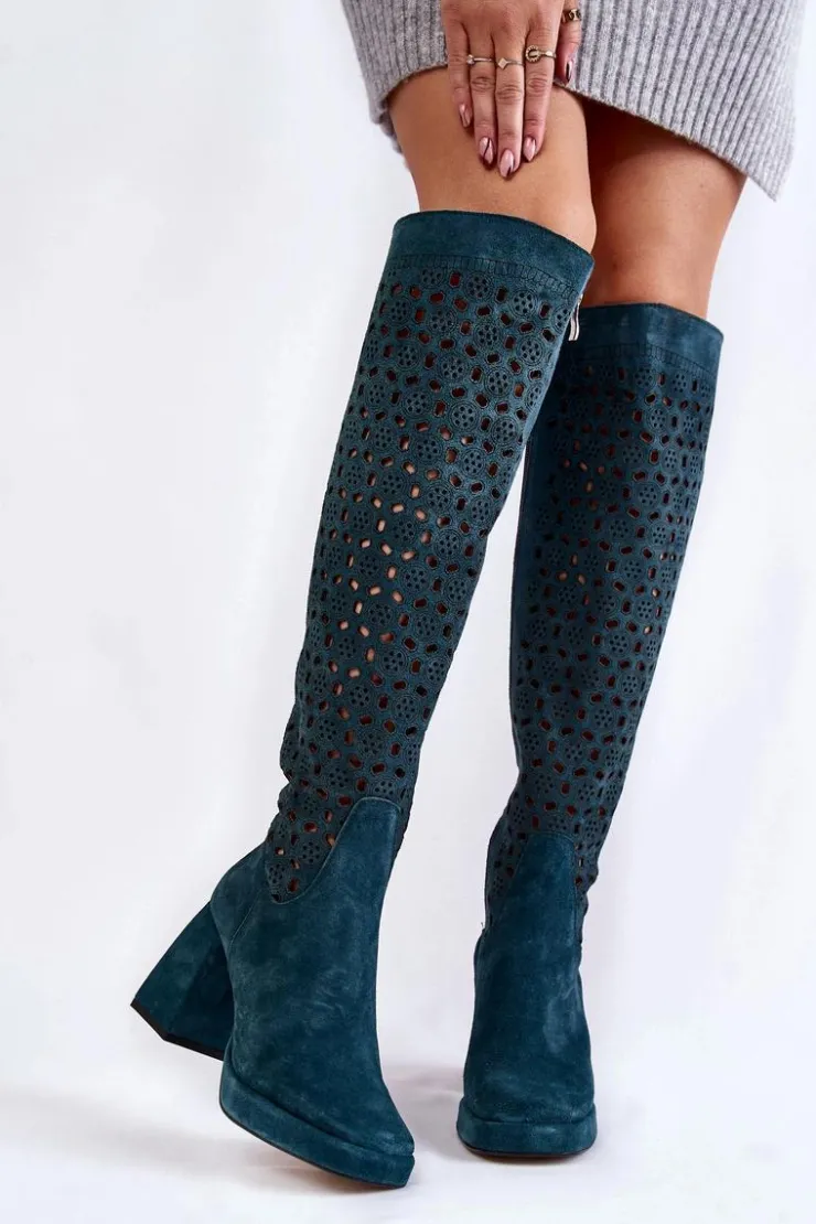Boto Kozaki Wiosenne|Kozaki Ażurowe*Ażurowe Zamszowe Kozaki Na Obcasie Zielone Castres