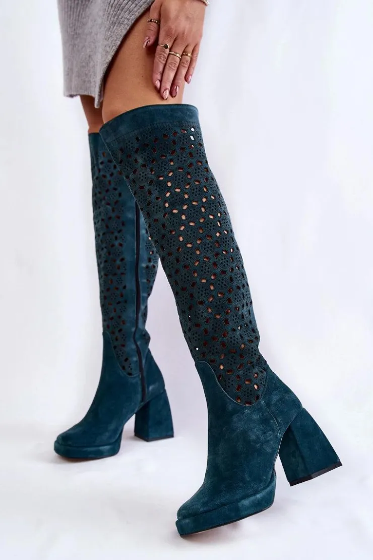 Boto Kozaki Wiosenne|Kozaki Ażurowe*Ażurowe Zamszowe Kozaki Na Obcasie Zielone Castres