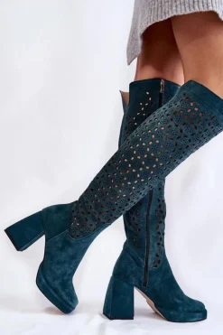 Boto Kozaki Wiosenne|Kozaki Ażurowe*Ażurowe Zamszowe Kozaki Na Obcasie Zielone Castres