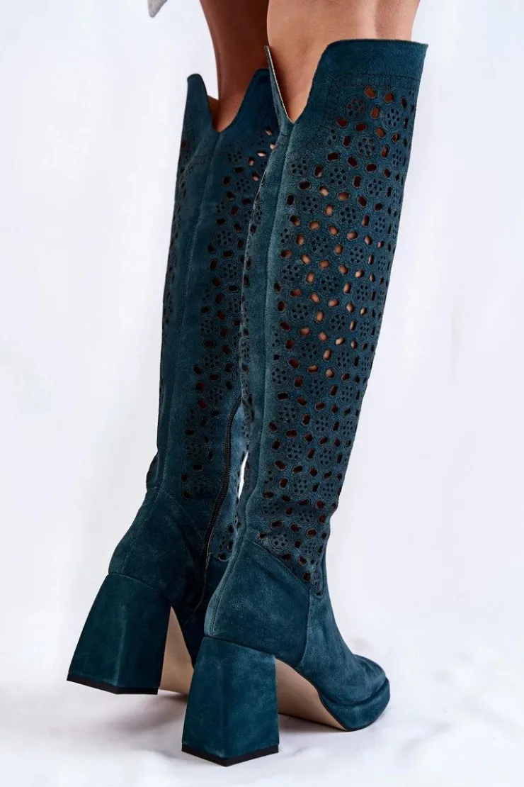 Boto Kozaki Wiosenne|Kozaki Ażurowe*Ażurowe Zamszowe Kozaki Na Obcasie Zielone Castres