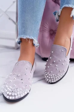 Damskie Boto Balerinki Damskie Lu Boo Szare Zamszowe Lordsy z Ćwiekami Odessa