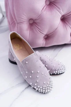 Damskie Boto Balerinki Damskie Lu Boo Szare Zamszowe Lordsy z Ćwiekami Odessa