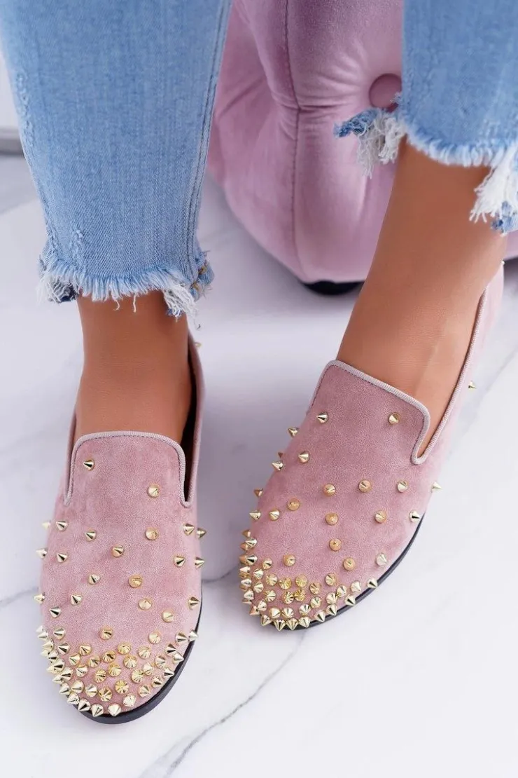 Boto Baleriny Klasyczne*Balerinki Damskie Lu Boo Różowe Zamszowe Lordsy z Ćwiekami Odessa