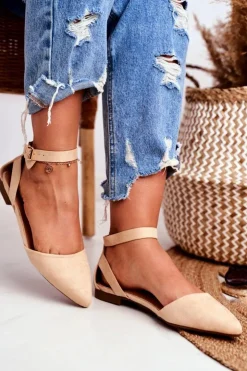 Outlet Boto Baleriny Damskie Beżowe Na Pasek W Szpic Allison