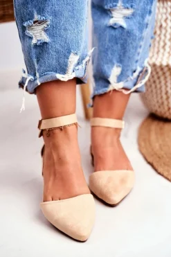 Outlet Boto Baleriny Damskie Beżowe Na Pasek W Szpic Allison