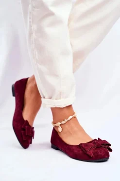 Outlet Boto Baleriny Damskie Bordowe Zamszowe Jordos