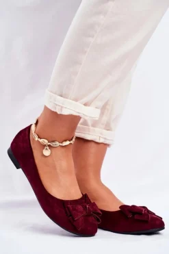 Outlet Boto Baleriny Damskie Bordowe Zamszowe Jordos