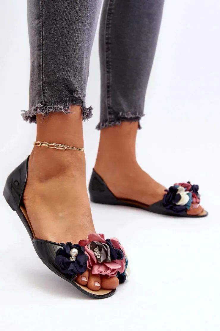 Damskie Boto Baleriny Damskie Gumowe Z Kwiatami Czarne Junikla