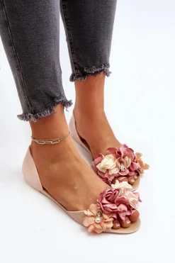 Boto Baleriny Klasyczne*Baleriny Damskie Gumowe Z Kwiatami Beżowe Junikla