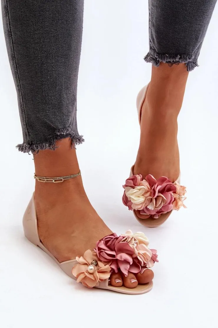 Boto Baleriny Klasyczne*Baleriny Damskie Gumowe Z Kwiatami Beżowe Junikla