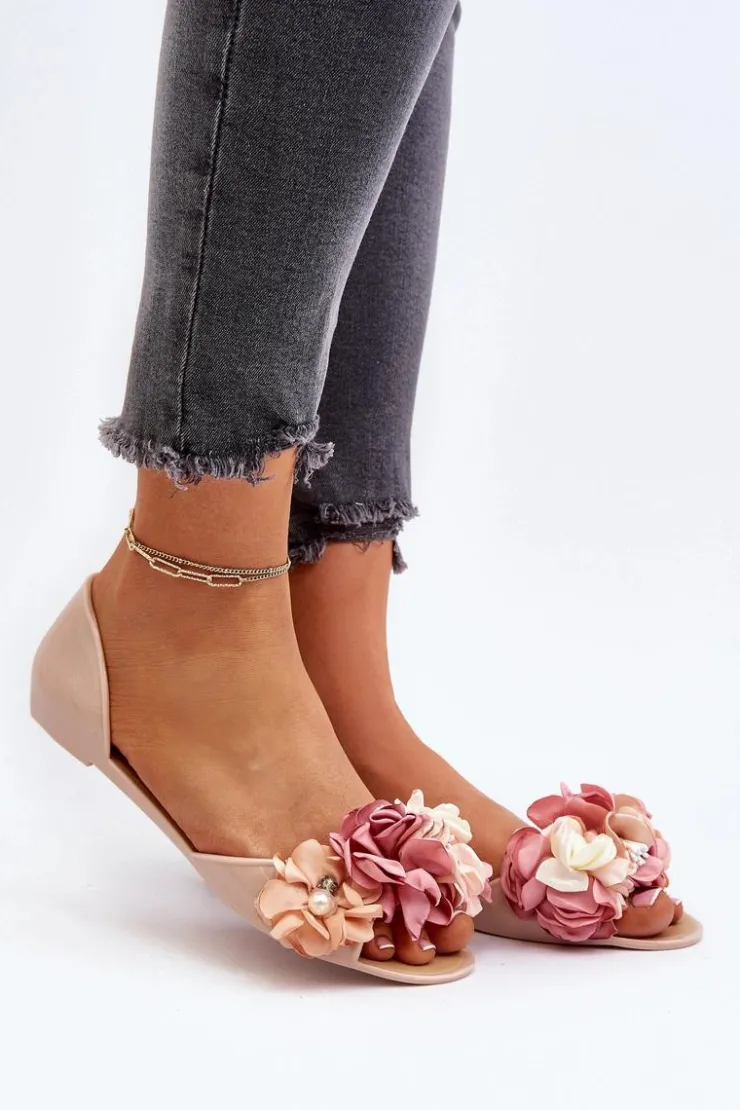 Boto Baleriny Klasyczne*Baleriny Damskie Gumowe Z Kwiatami Beżowe Junikla