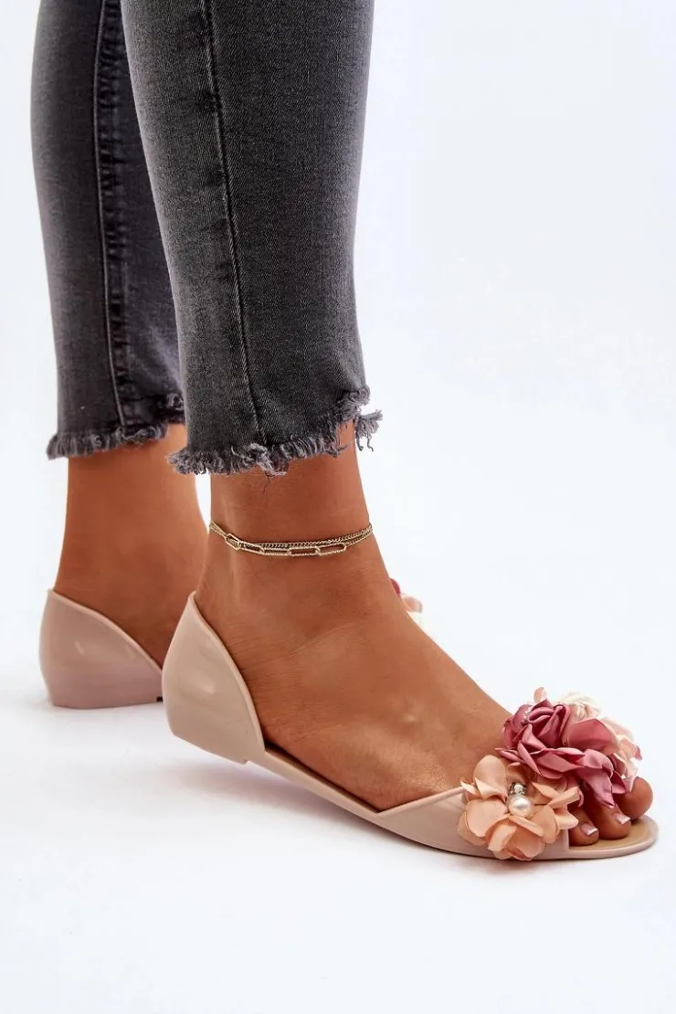 Boto Baleriny Klasyczne*Baleriny Damskie Gumowe Z Kwiatami Beżowe Junikla