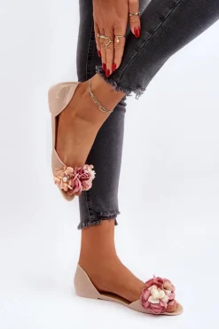 Boto Baleriny Klasyczne*Baleriny Damskie Gumowe Z Kwiatami Beżowe Junikla