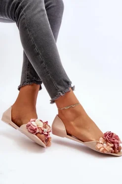 Boto Baleriny Klasyczne*Baleriny Damskie Gumowe Z Kwiatami Beżowe Junikla