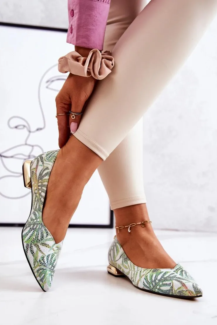 Damskie Laura Messi Baleriny Damskie Skórzane Zielone 2193