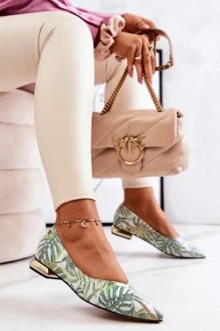 Damskie Laura Messi Baleriny Damskie Skórzane Zielone 2193