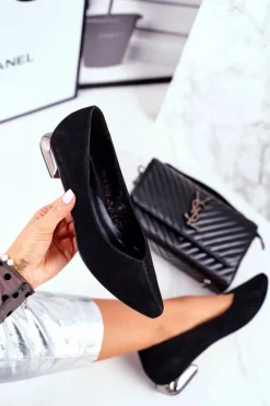 Damskie Laura Messi Baleriny Damskie Skórzane Czarne 2149