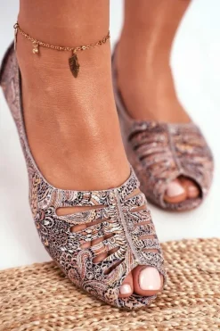 Damskie Maciejka Baleriny Damskie Skórzane Brązowe we wzory 03497-21