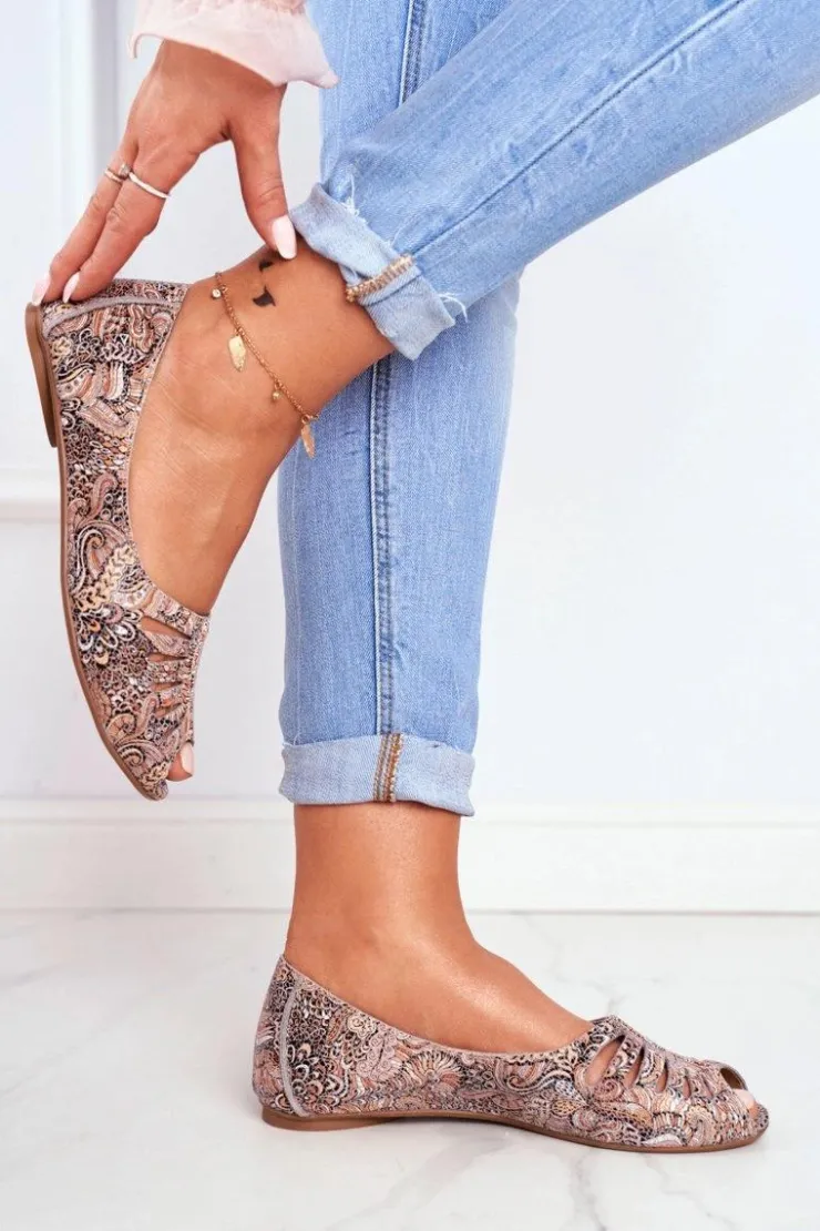 Damskie Maciejka Baleriny Damskie Skórzane Brązowe we wzory 03497-21