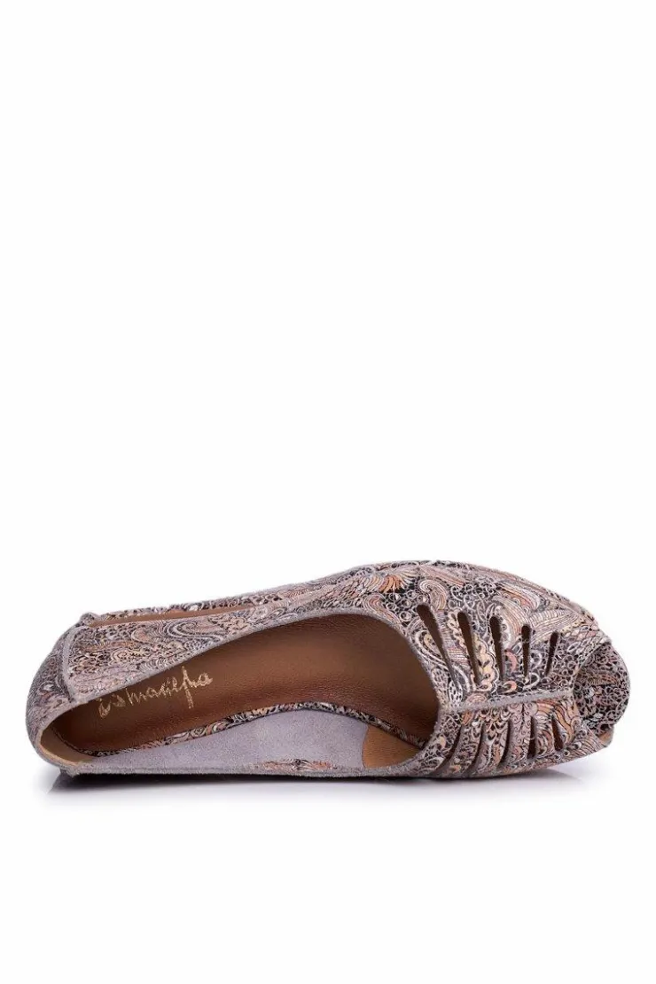 Damskie Maciejka Baleriny Damskie Skórzane Brązowe we wzory 03497-21
