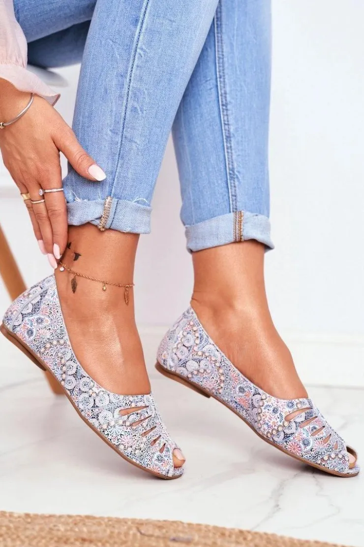 Damskie Maciejka Baleriny Damskie Skórzane Biało Niebieskie we wzory 03497-13