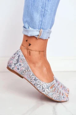 Damskie Maciejka Baleriny Damskie Skórzane Biało Niebieskie we wzory 03497-13