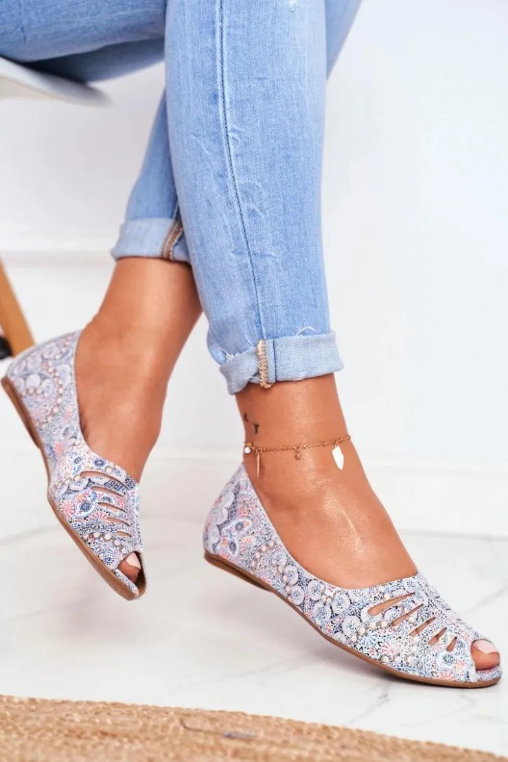 Damskie Maciejka Baleriny Damskie Skórzane Biało Niebieskie we wzory 03497-13