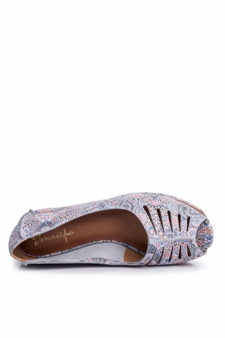 Damskie Maciejka Baleriny Damskie Skórzane Biało Niebieskie we wzory 03497-13