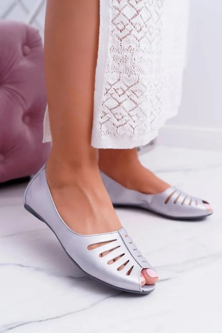 Maciejka Baleriny Skórzane|Baleriny Klasyczne*Baleriny Damskie Skórzane Srebrne 03497-35