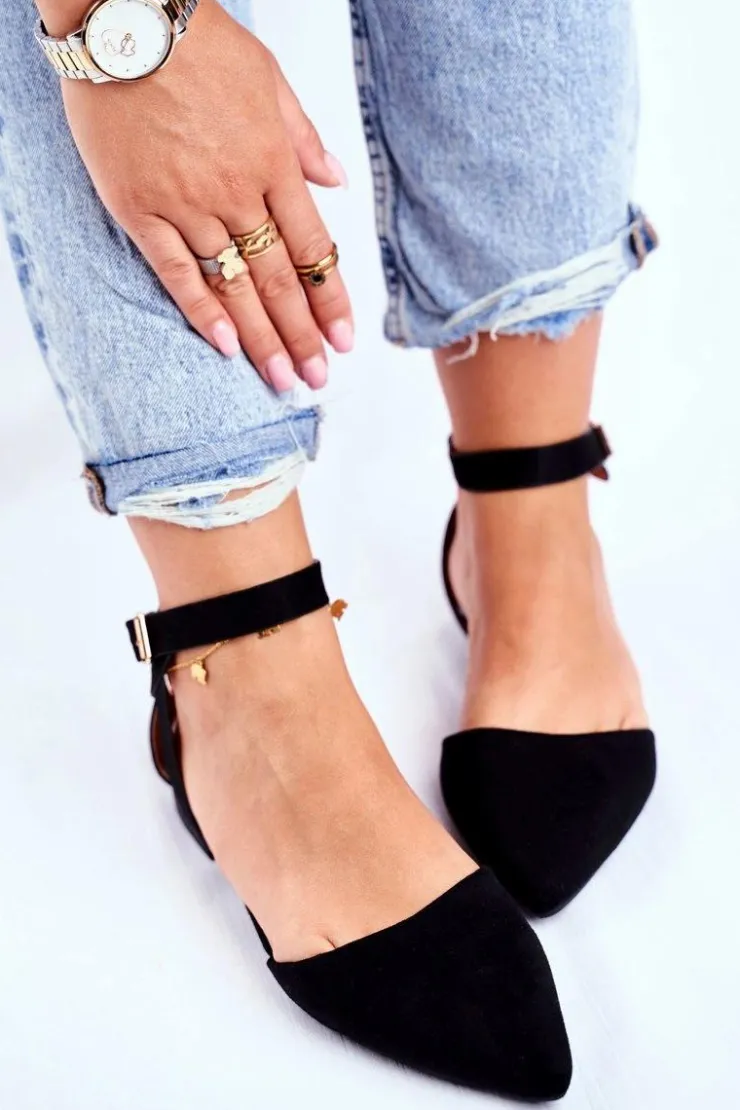 Boto Baleriny Damskie Płaskie Czarne Na Pasek W Szpic Allison