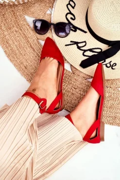 Outlet Boto Baleriny Damskie Płaskie Czerwone Na Pasek W Szpic Allison