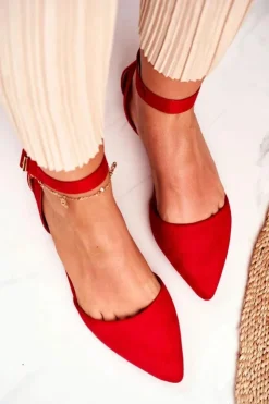 Outlet Boto Baleriny Damskie Płaskie Czerwone Na Pasek W Szpic Allison