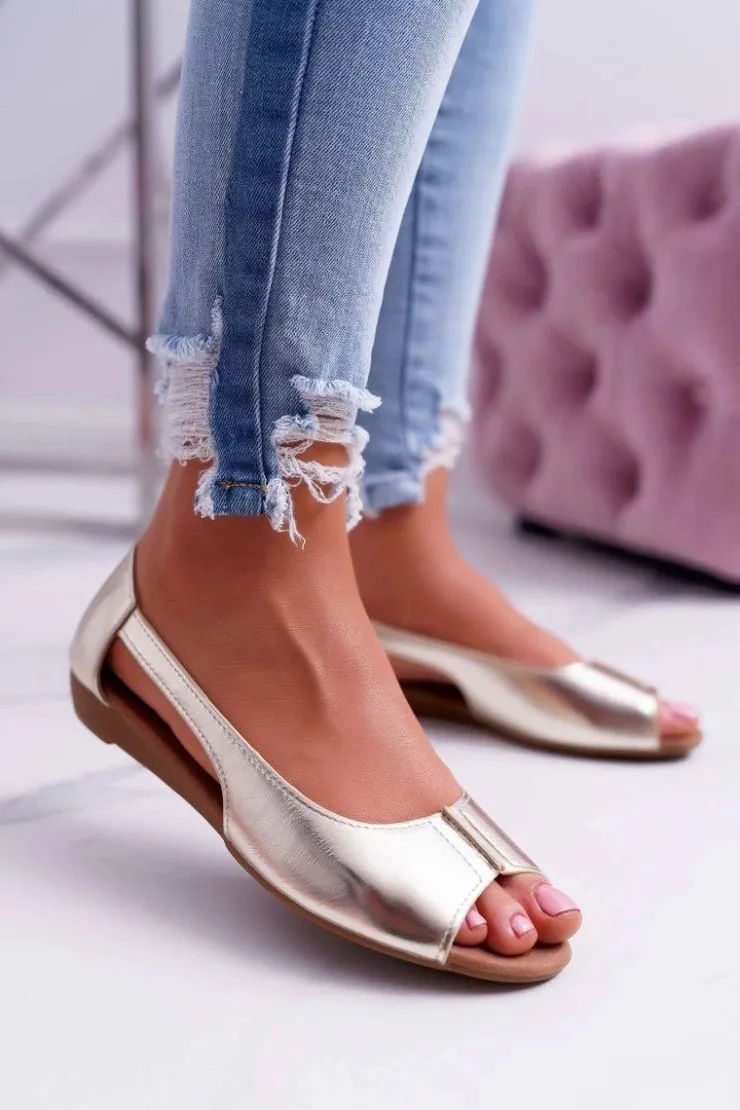 Boto Baleriny Klasyczne*Baleriny Damskie Peep Toe Złote Ereli