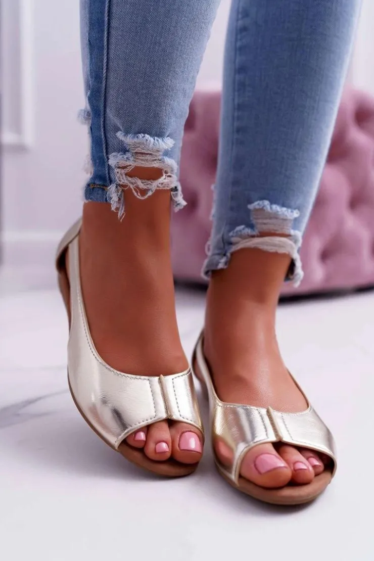 Boto Baleriny Klasyczne*Baleriny Damskie Peep Toe Złote Ereli