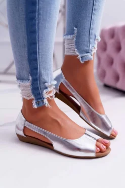 Boto Baleriny Klasyczne*Baleriny Damskie Peep Toe Srebrne Ereli