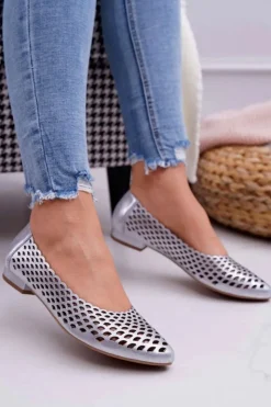 Boto Baleriny Skórzane|Baleriny Klasyczne*Baleriny Damskie Srebrne Skórzane Exquisite 1107/1