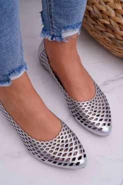 Boto Baleriny Skórzane|Baleriny Klasyczne*Baleriny Damskie Srebrne Skórzane Exquisite 1107/1