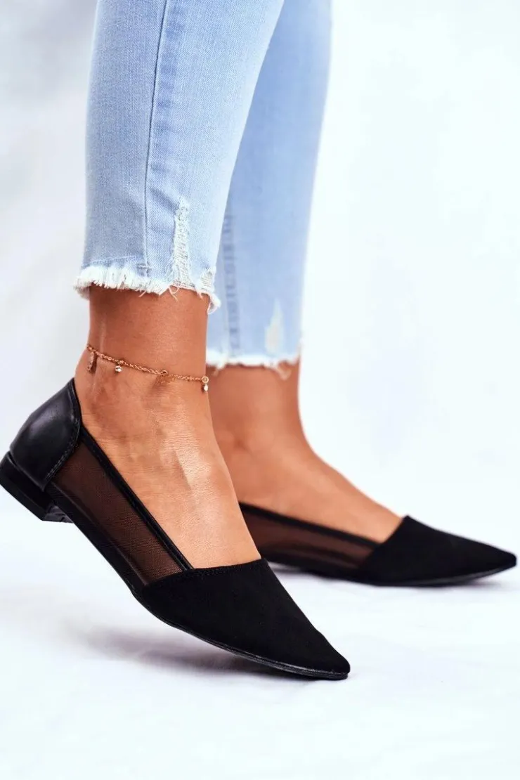 Sale Evento Baleriny Damskie Z Siateczką Zamsz Czarne Fibe