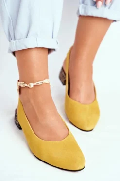 Damskie Maciejka Baleriny Na Obcasie Żółte 04482-07
