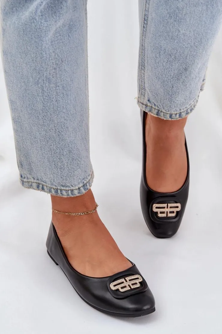 Damskie Boto Baleriny Na Płaskiej Podeszwie Z Ozdobą Czarne Ainoria