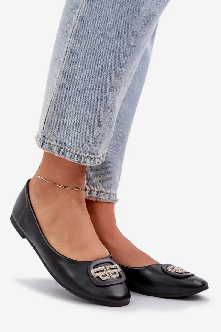 Damskie Boto Baleriny Na Płaskiej Podeszwie Z Ozdobą Czarne Ainoria