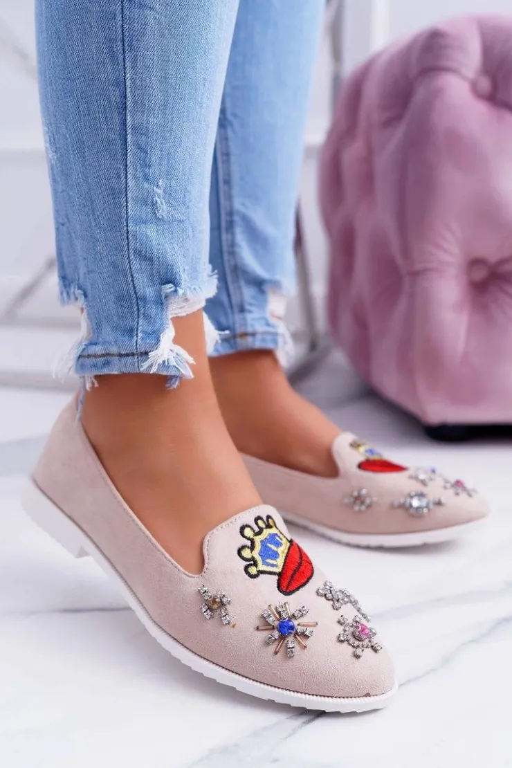 Boto Baleriny Klasyczne*Beżowe Damskie Baleriny Naszywki Princess