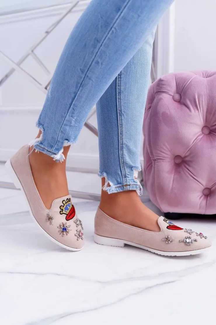 Boto Baleriny Klasyczne*Beżowe Damskie Baleriny Naszywki Princess