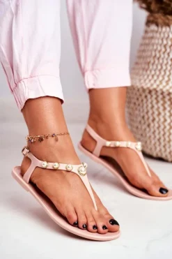 Boto Sandały Gumowe|Sandały Płaskie*Beżowe Damskie Gumowe Sandałki Japonki Perełki Denise