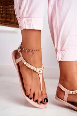 Boto Sandały Gumowe|Sandały Płaskie*Beżowe Damskie Gumowe Sandałki Japonki Perełki Denise