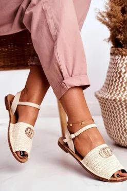 Boto Sandały Płaskie*Beżowe Damskie Płaskie Sandałki Lu Boo Plecione Felicia